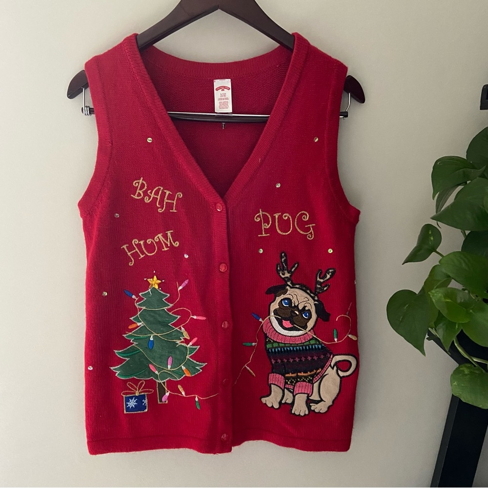 Cute Ugly Christmas Sweater Vest “Bah Hum Pug” (S)